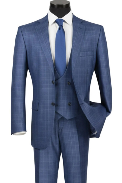 Vinci 2-Button Glenplaid with Low Cut Vest Suit - Blue