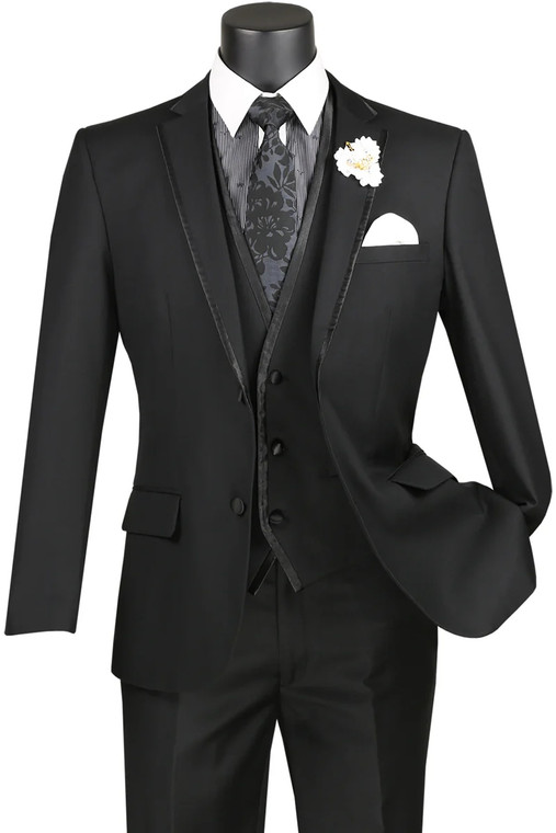 Vinci 2-Button Trimmed Black Suit with Vest - Slim Fit