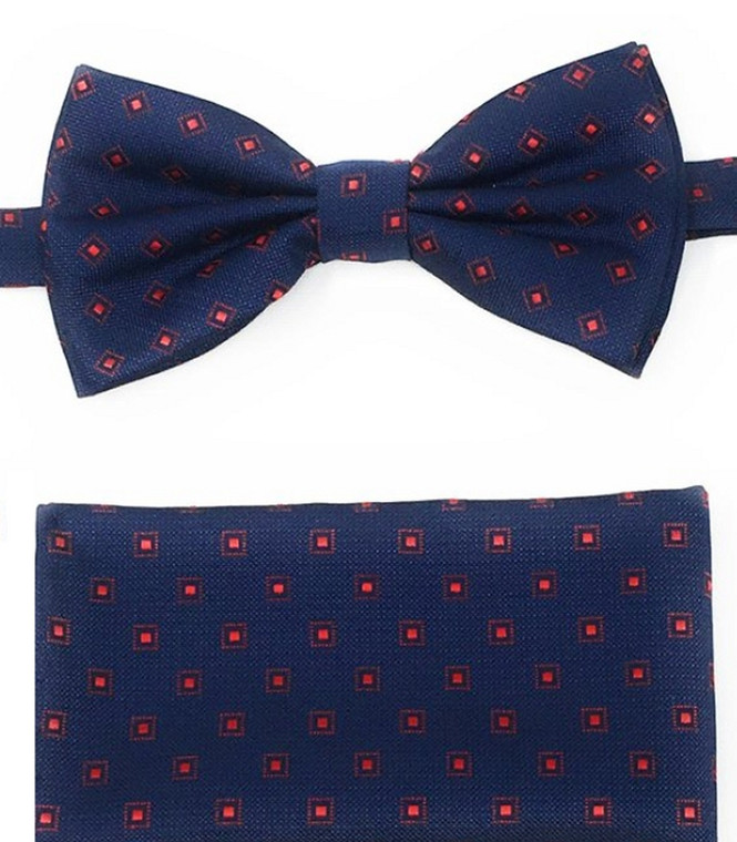 Red Squares on Navy Pre-Tied Silk Bow Tie Set