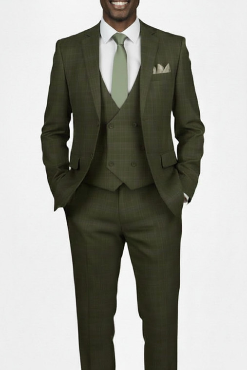 Vinci 2-Button Olive Glenplaid Suit with Low-Cut Vest