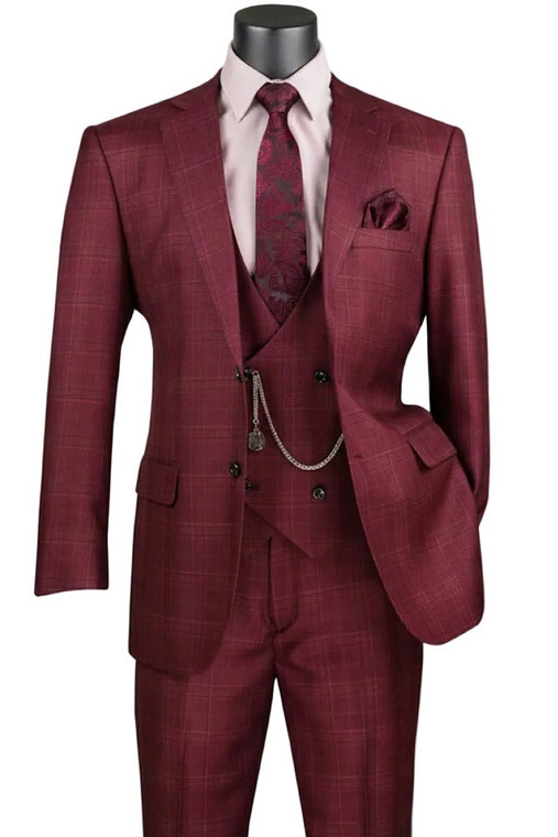 Vinci 2-Button Burgundy Glenplaid Suit with Low-Cut Vest