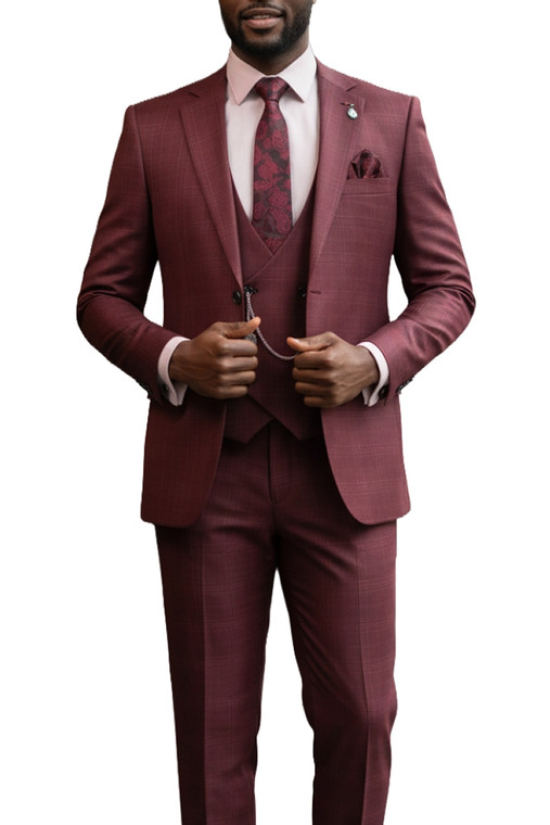 Vinci 2-Button Burgundy Glenplaid Suit with Low-Cut Vest