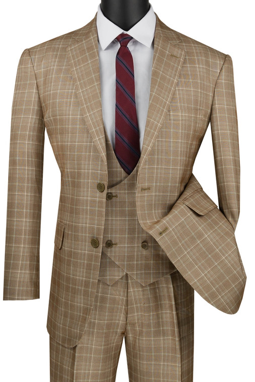Vinci 2-Button Camel Tan Glenplaid Suit with Low-Cut Vest