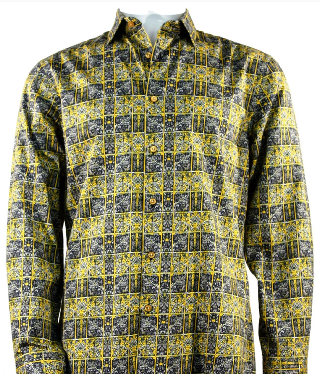 St. Cado Gold and Grey Windowpane Fashion Shirt - Button Cuff