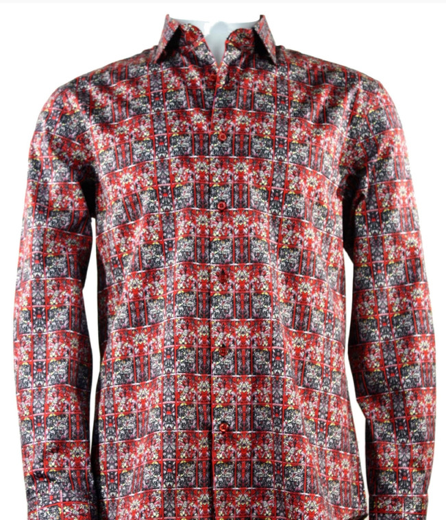 St. Cado Red and Grey Windowpane Fashion Shirt - Button Cuff