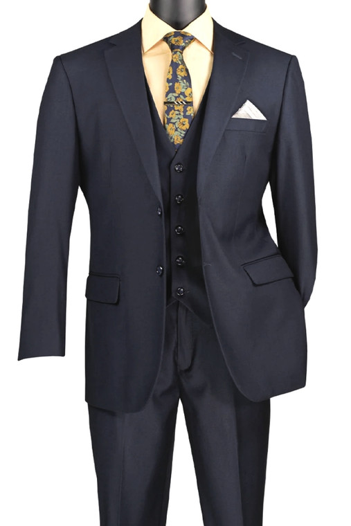  Vinci 2-Button Classic Suit with Vest - Navy - X-Long