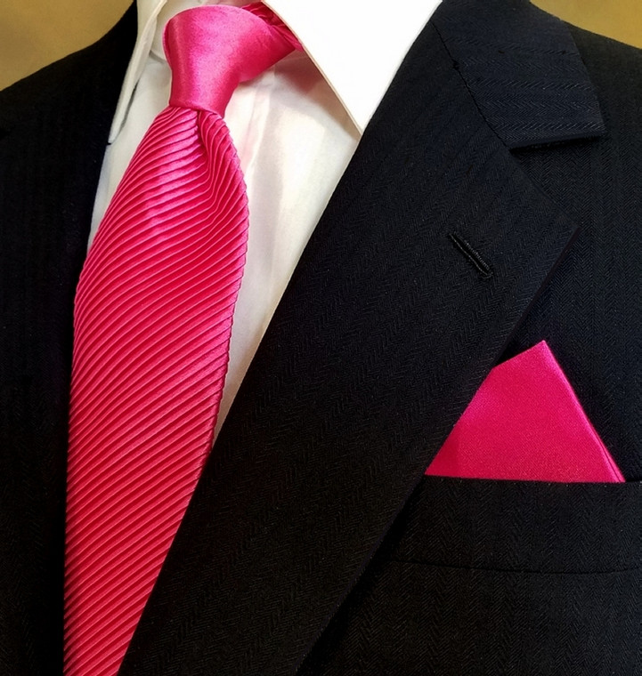 Antonio Ricci Diagonal Pleated Tie with Pocket Square - Fuchsia Pink