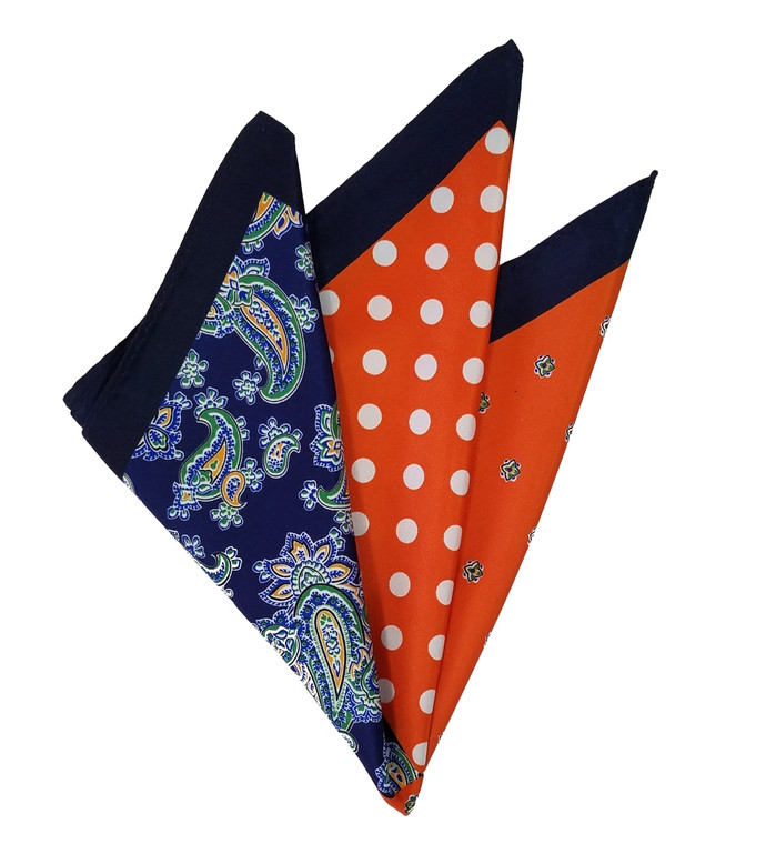 100% Silk Pocket Square -Blue Paisley & Orange Dot Design 12.5 x 12.5