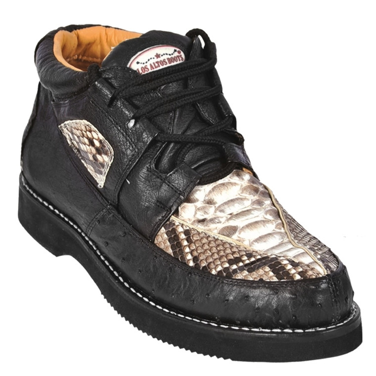 Los Altos Genuine Python & Ostrich Quill Casual Ankle Boot - Black & Natural