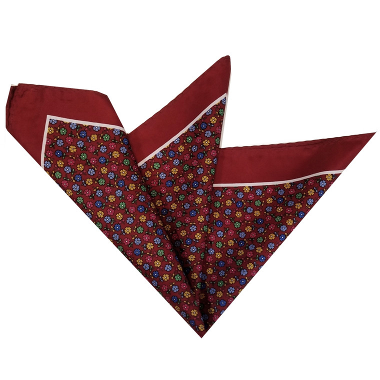 100% Silk Pocket Square - Ruby Red with Petite Flowers 12.5in