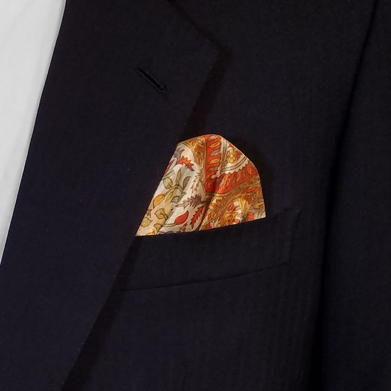 Silk Pre-Folded Fan Design Pocket Square Insert - Melon Orange Floral