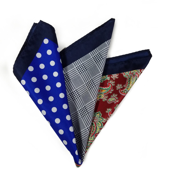 100% Silk Pocket Square Royal Polka Dots with Red Paisleys 12.5in