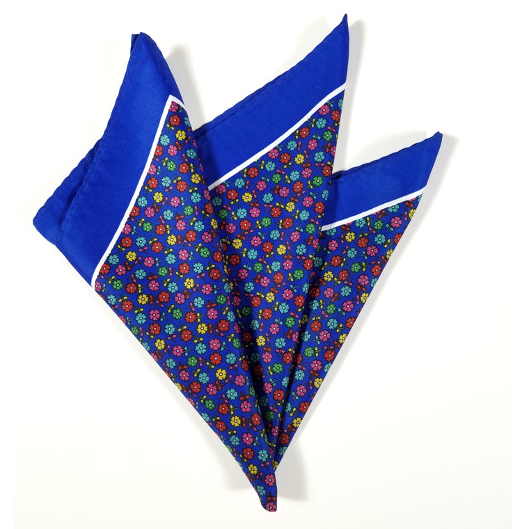 100% Silk Pocket Square - Royal Blue with Petite Multi-Colored Flowers 12.5in