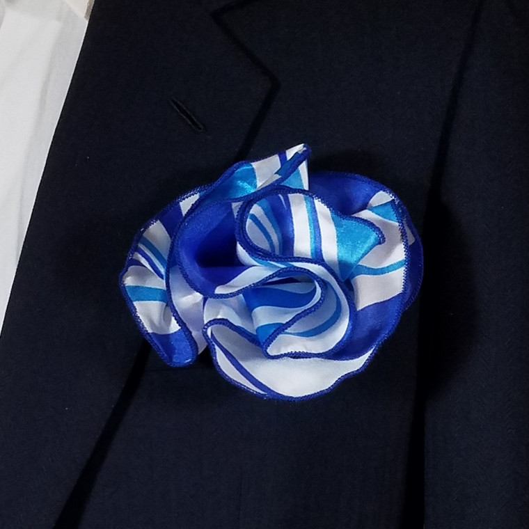 Antonio Ricci 2-in-1 Pouf Round Pocket Square - Blue with White Swirl Pattern