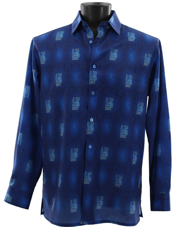  Bassiri Long Sleeve Camp Shirt - Blue Greek Key Design