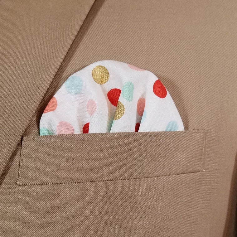 Multi-Colored Dots on White 100% Cotton Pre-Folded Pocket Square Handkerchief Insert 