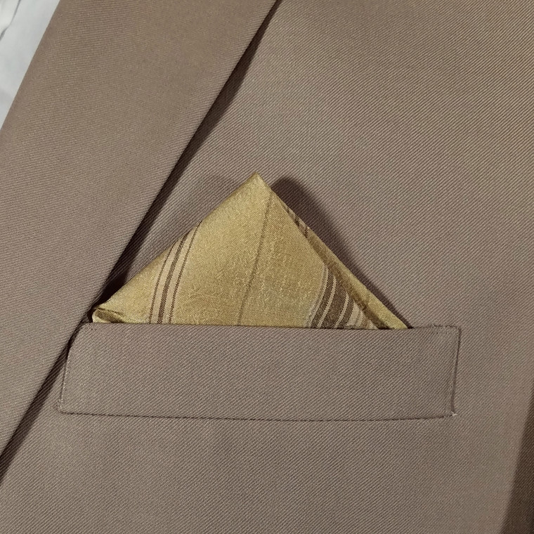 100% Silk Gold & Brown Stripe Point Design Pre-Folded Pocket Square Insert