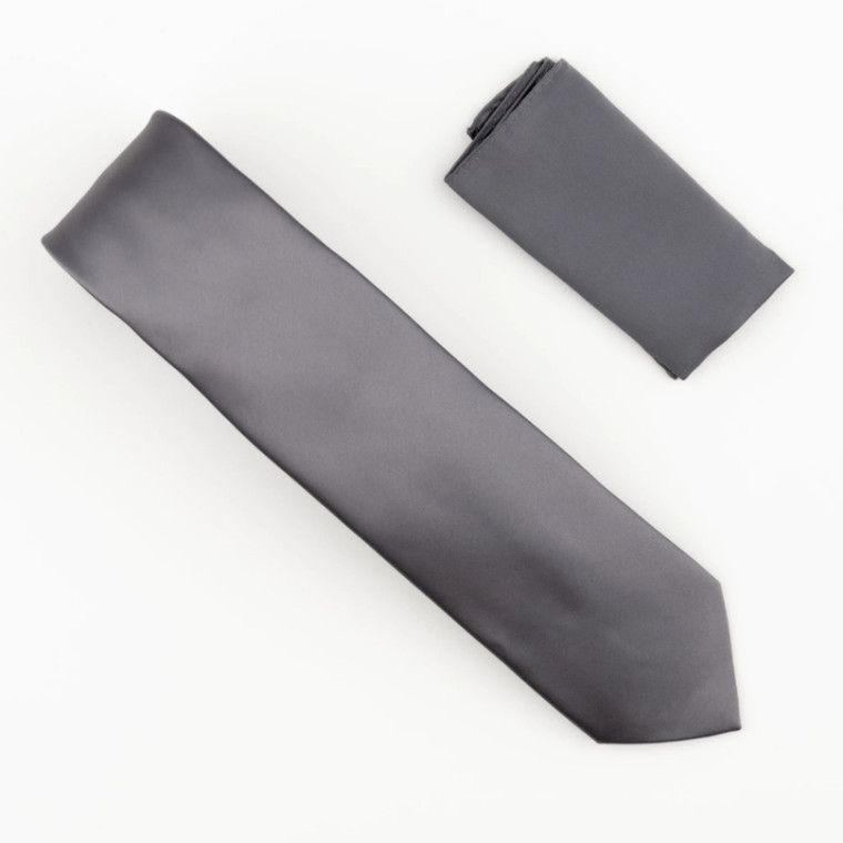 Antonia 100% Satin Silk X-Long Necktie with Pocket Square - Charcoal Grey