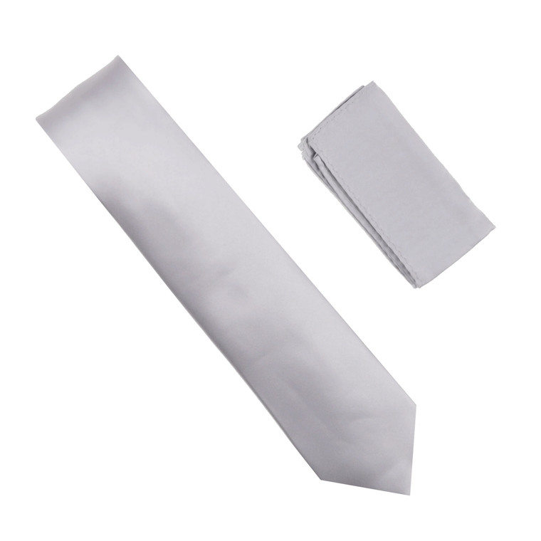 Antonia 100% Satin Silk X-Long Necktie with Pocket Square - Silver Grey