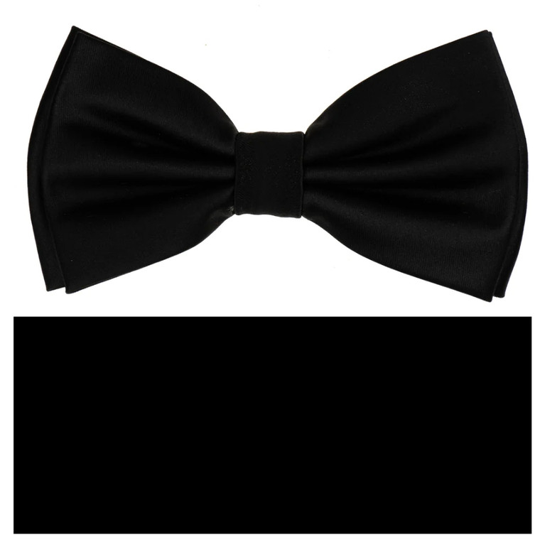 Black Pre-Tied Satin Silk Bow Tie Set w/ Pocket Square