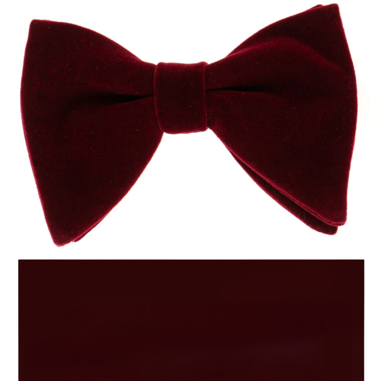 Burgundy Velvet Pre-Tied Butterfly Bow Tie Set w/ Pocket Square