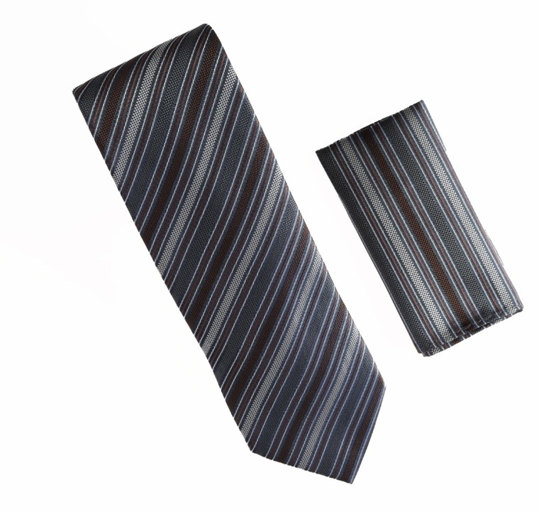 Antonia 100% Silk Tie w/Pocket Square - Charcoal Grey & Brown Multi Stripes