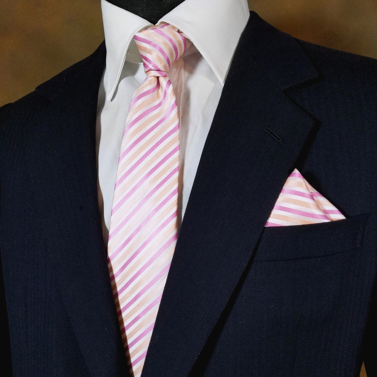 Luciano Ferretti Silk Tie w/Pocket Square - Pink & Peach Stripes