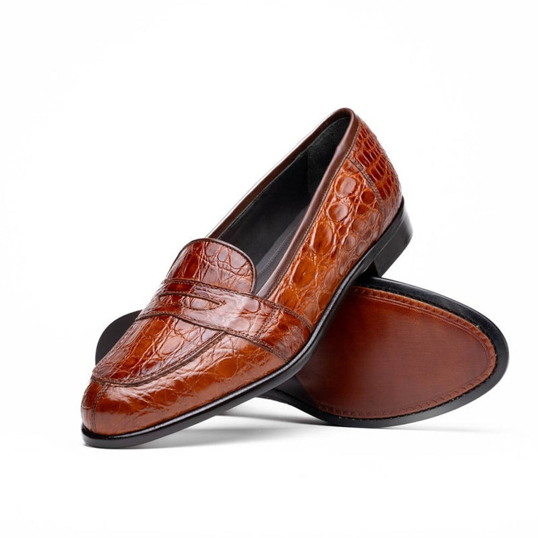 Zelli 100% Caiman Crocodile Italian Penny Loafer - Cognac