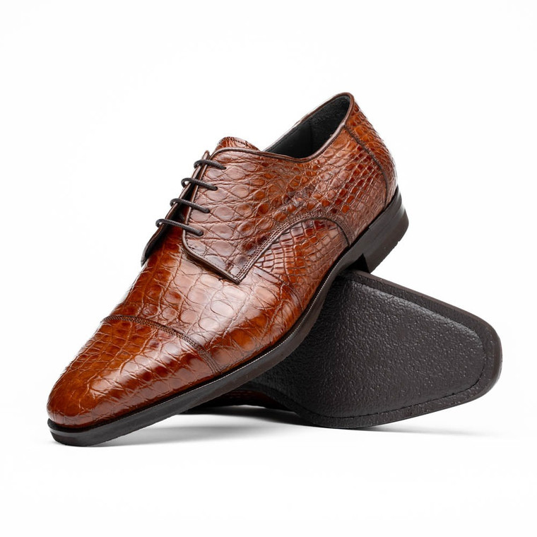 Zelli 100% Caiman Crocodile Italian Lace Up Cap Toe - Cognac