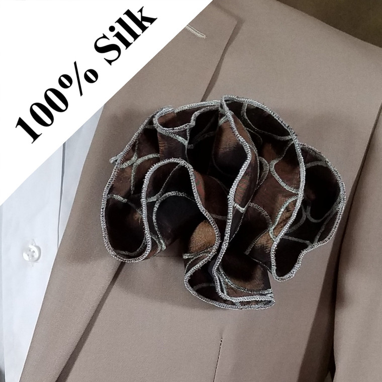 2-in-1 Bronze Circles 100% Dupioni Silk Pouf Round Pocket Square