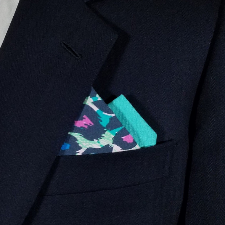 100% Cotton Pre-Folded Pocket Square Insert - Two-Tone Navy & Teal Abstract Floral 