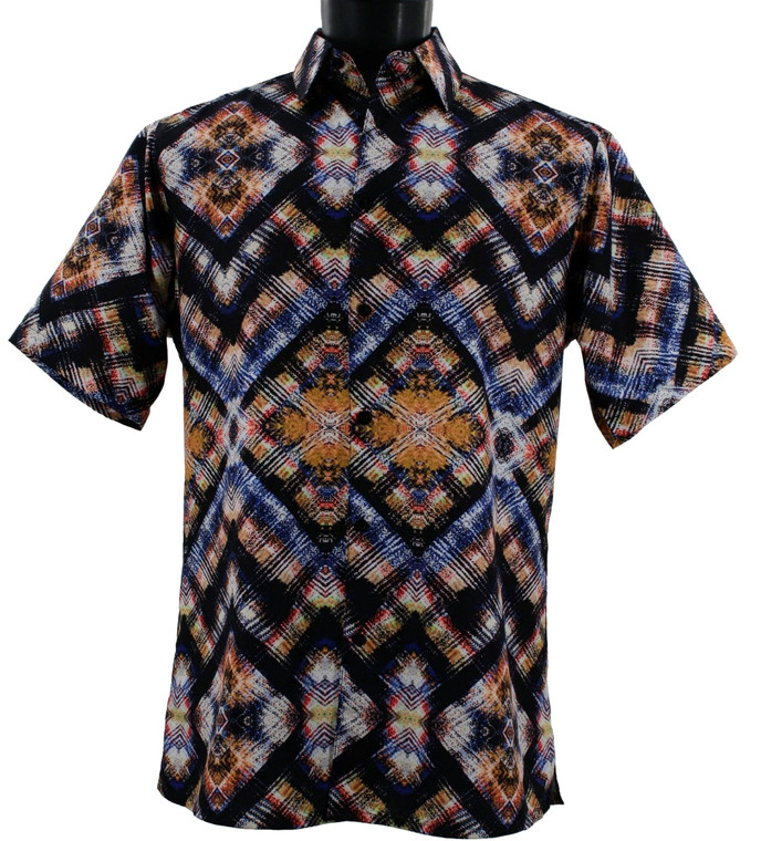 Bassiri Short Sleeve Camp Shirt - Black with Gold Diamond Abstract