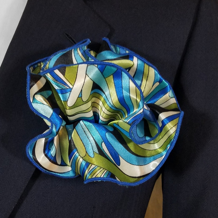 2-in-1 Pouf Round Pocket Square - Blue & Olive Leaf Design