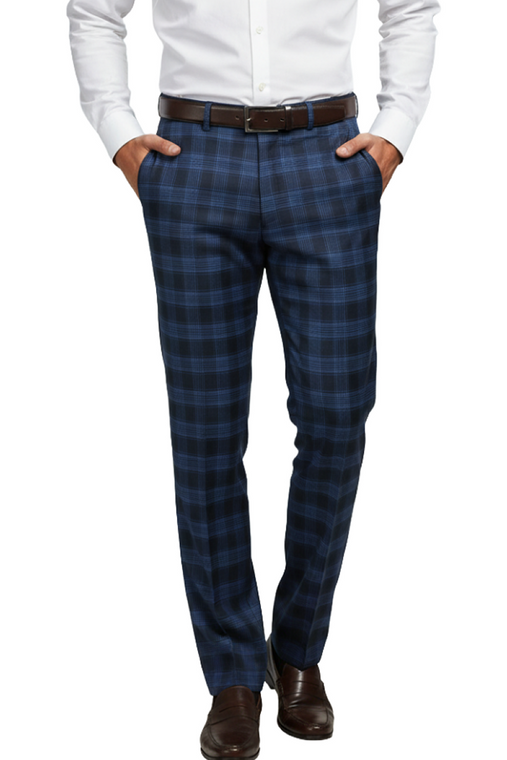  Leonardo Valenti Modern Fit Silk & Wool Blend Slacks - Blue Plaid