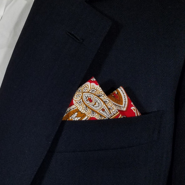 100% Cotton Pre-Folded Pocket Square Handkerchief Insert - Red & Gold Paisley