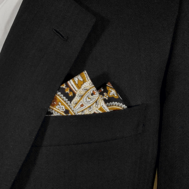 100% Cotton Pre-Folded Pocket Square Handkerchief Insert -Black & Gold Paisley