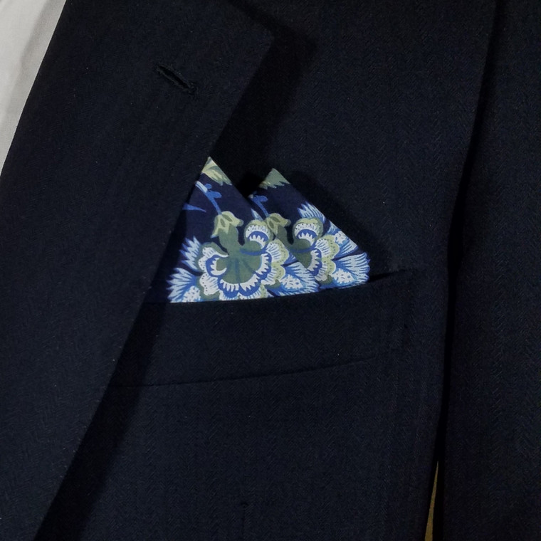 100% Cotton Pre-Folded Pocket Square Handkerchief Insert -Blue & Navy Floral