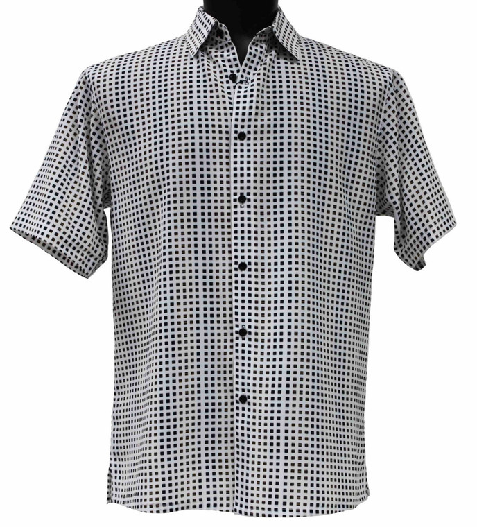 Bassiri Short Sleeve Camp Shirt - Black & Brown Petite Squares on White