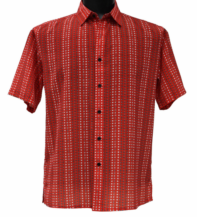 Bassiri Short Sleeve Camp Shirt - White & Black Petite Squares on Red