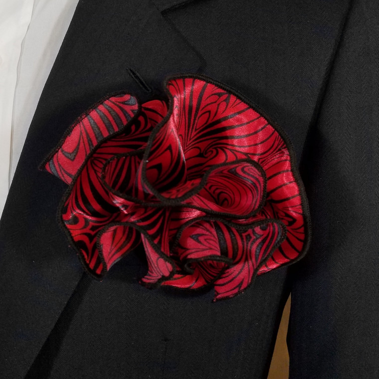 2-in-1 Pouf Round Pocket Square - Black & Dark Red Baroque Pattern