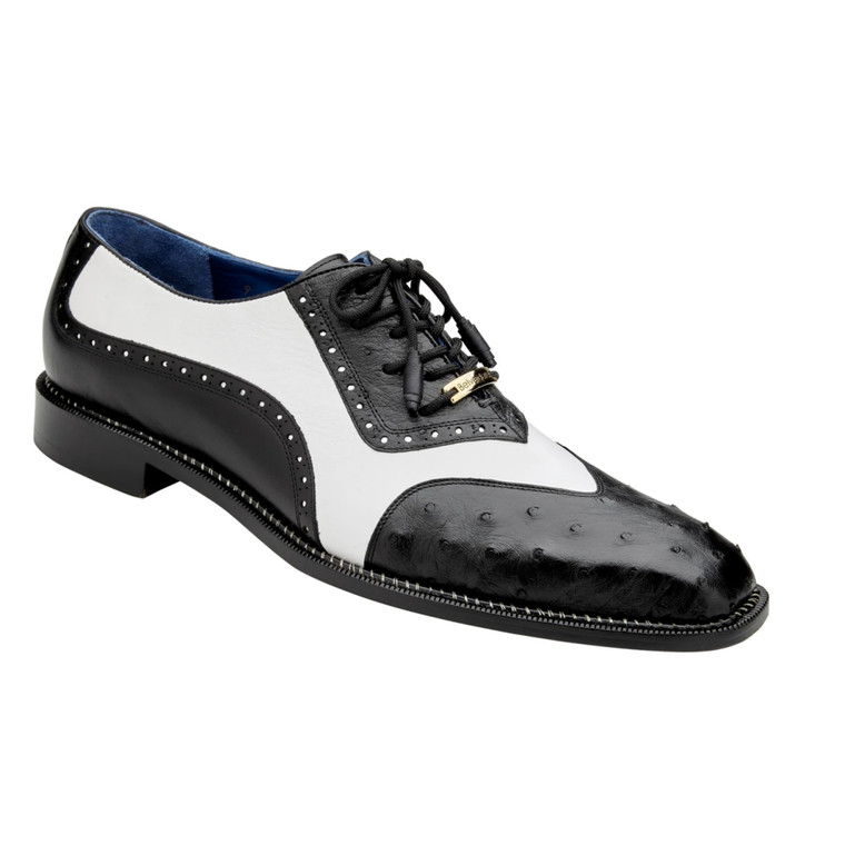 Belvedere Genuine Ostrich Quill & Leather Wing Tip Shoes - Black/White