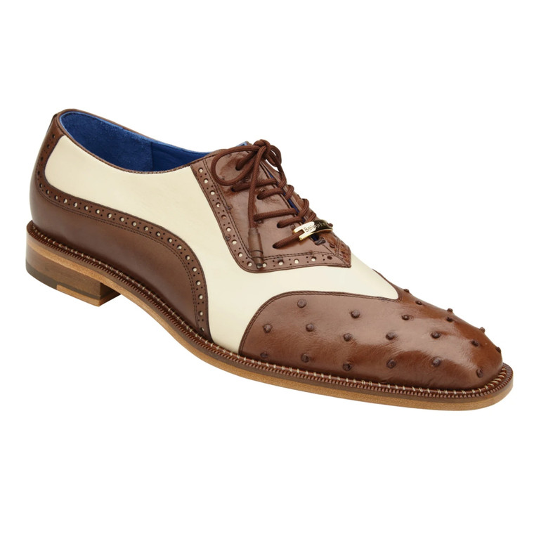Belvedere Genuine Ostrich Quill & Leather Wing Tip Shoes - Brown/Cream