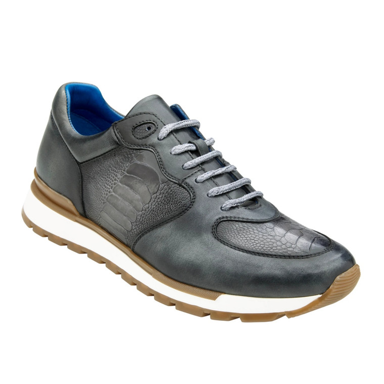 Belvedere Genuine Ostrich Leg & Leather Sneaker - Grey