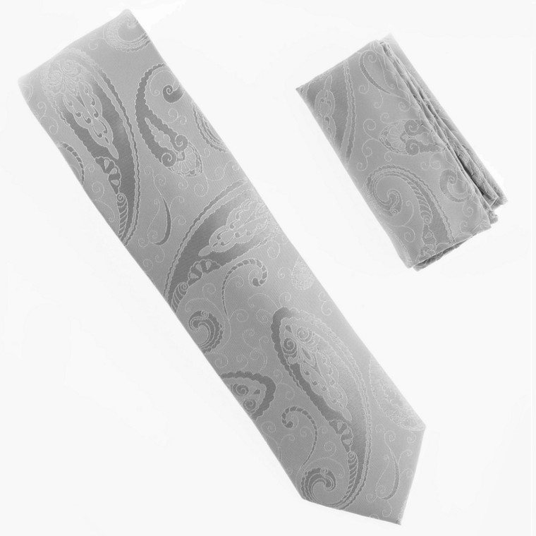 Antonia 100% Silk Tie w/Pocket Square - Large Silver Paisleys