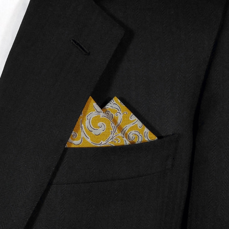 100% Cotton Pre-Folded Pocket Square Handkerchief Insert - Grey Floral on Gold
