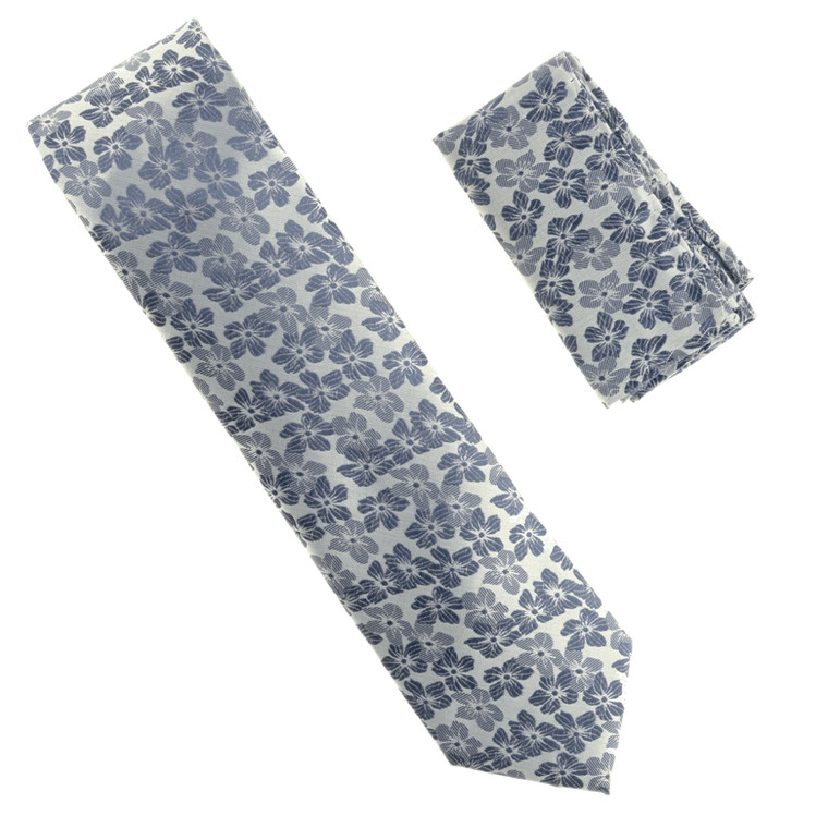 Antonia 100% Silk Tie w/Pocket Square - Blue & Silver Flower Design