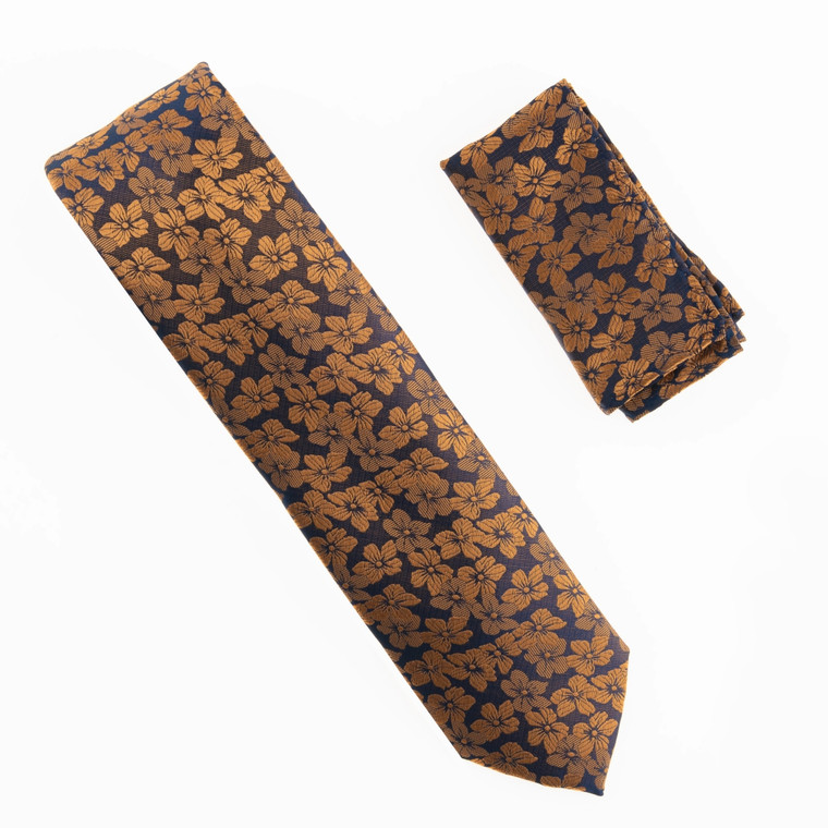 Antonia 100% Silk Tie w/Pocket Square - Navy & Copper Tone Flower Design