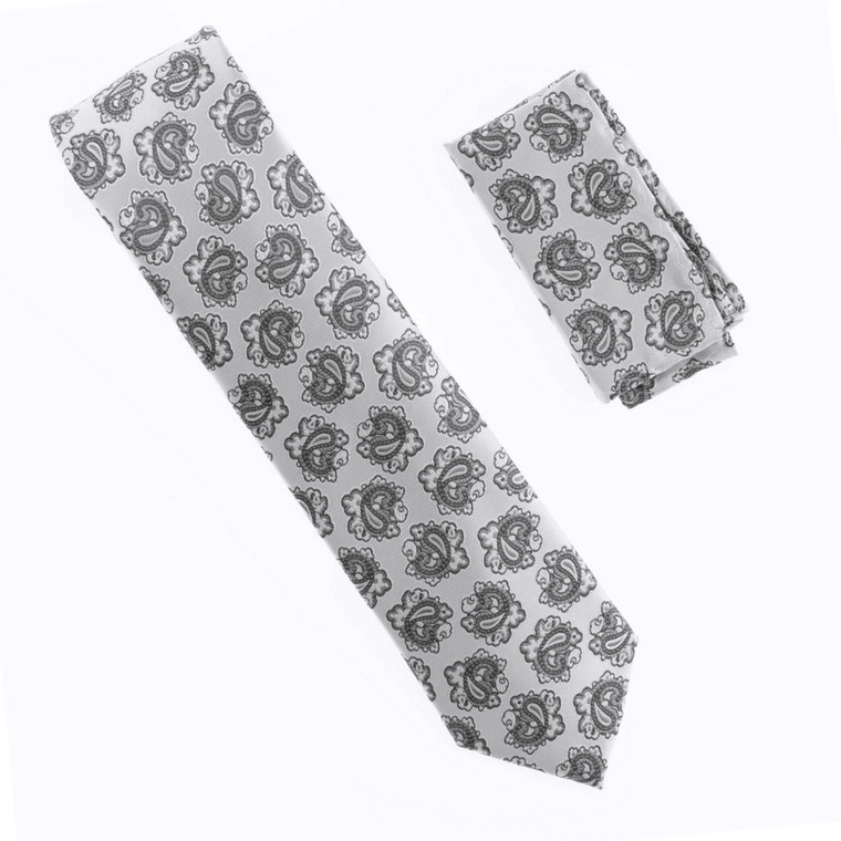 Antonia 100% Silk Tie w/Pocket Square - Grey Paisley Medallion Design