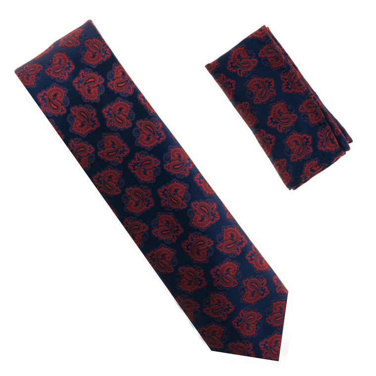 Antonia 100% Silk Tie w/Pocket Square - Dark Blue with Red Paisley