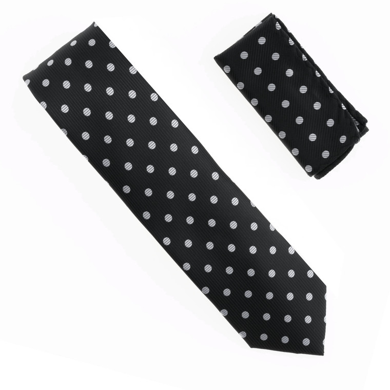 Antonia 100% Silk X-Long Tie w/Pocket Square - Grey Polka Dot on Black
